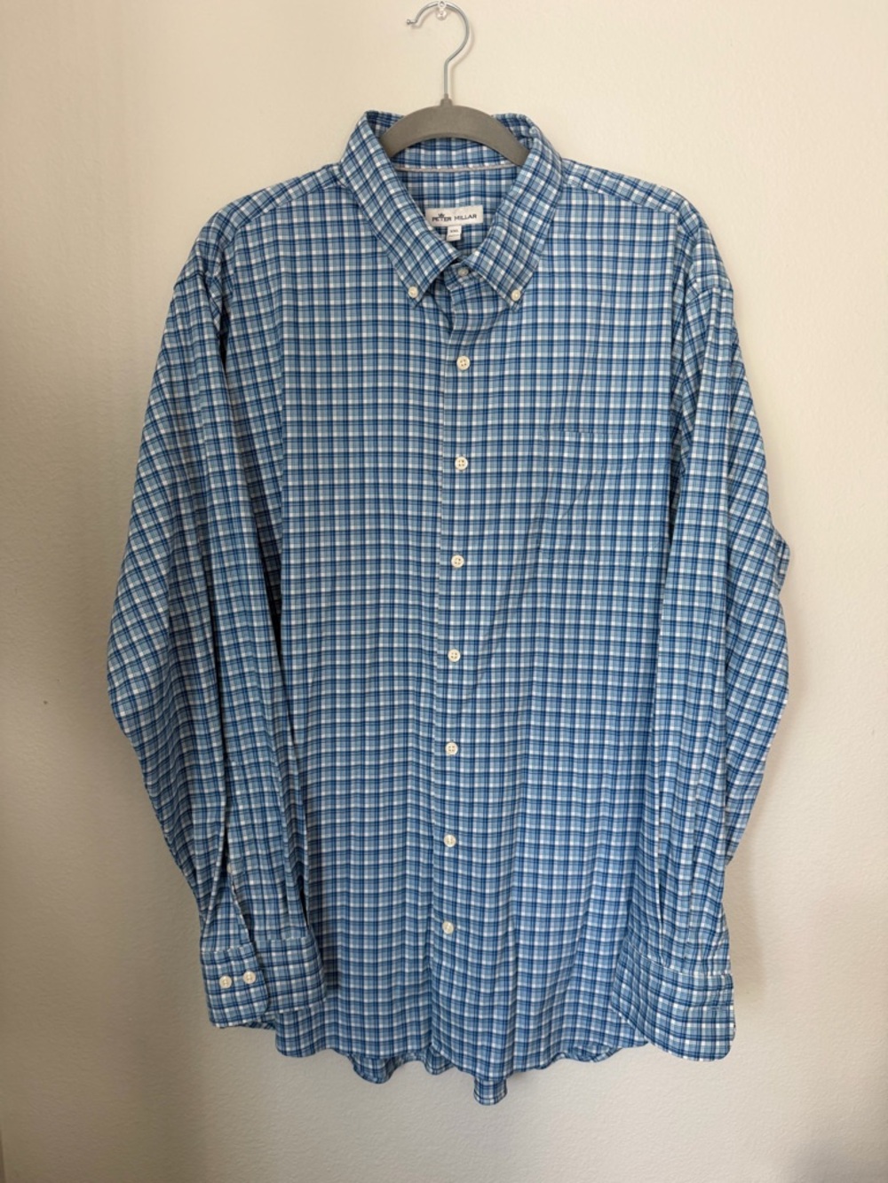 Peter Millar Blue Plaid Long-Sleeve Button-Down Cotton Blend Shirt Size XXL